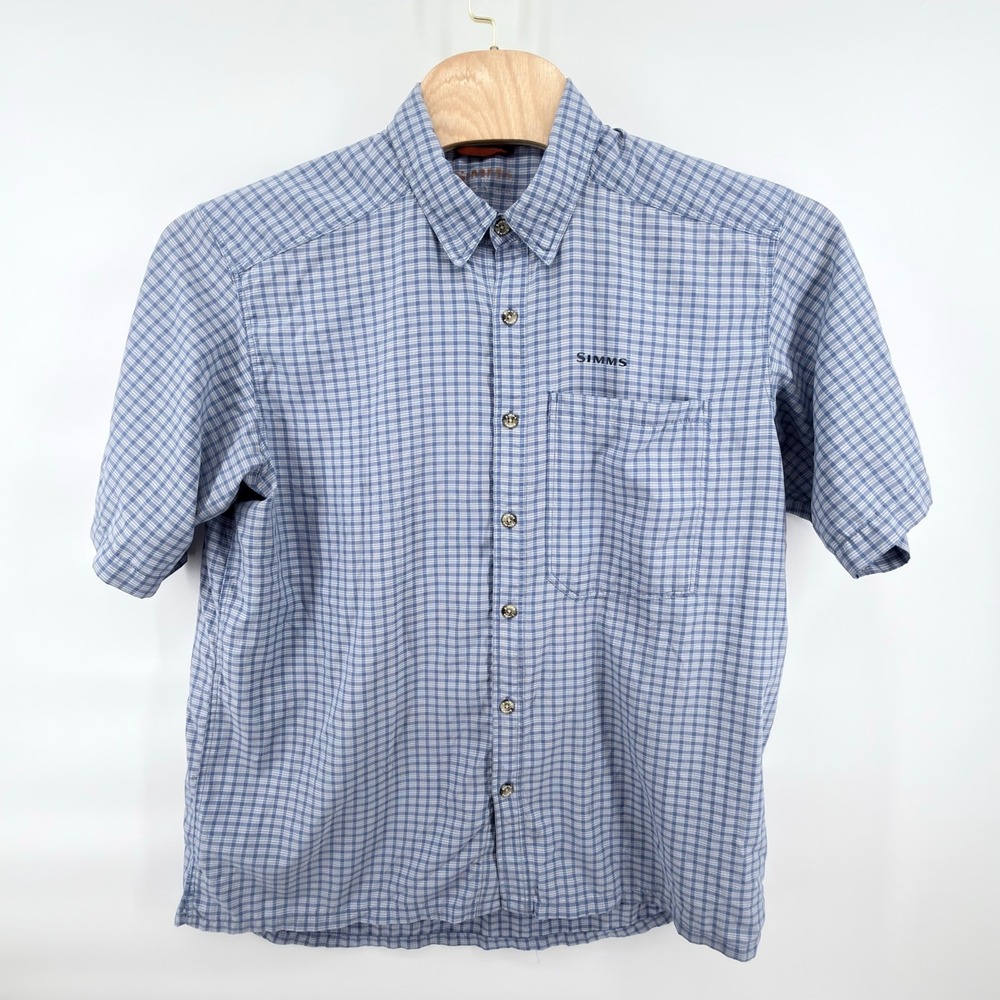 Simms Fishing Shirt Mens XL Short Sleeve Blue Plaid Button Front Nylon Polyester